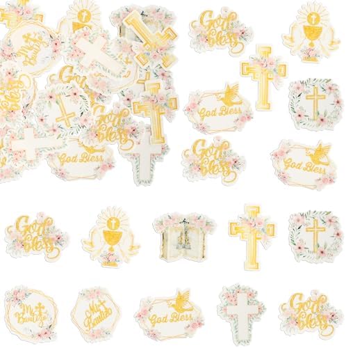 Gyufise 48Pcs Edible Baptism Cupcake Toppers Wafer Paper God Bless Cross Cupcake Picks First Holy Communion Christening Confirmation Religious Cupcake Picks for Baptism Party Decorations Pink