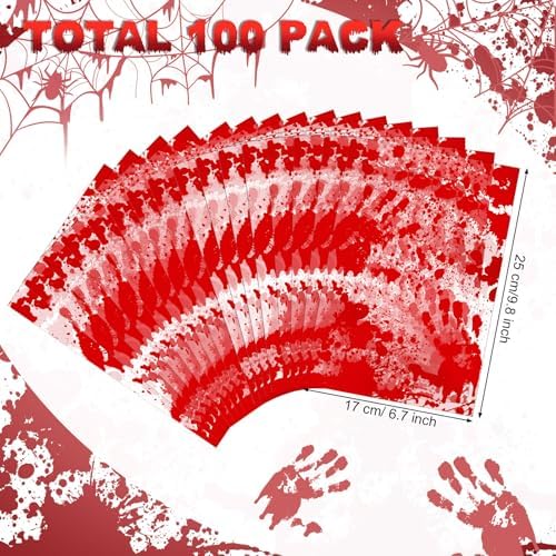 Pajean 100 Pcs Halloween Bloody Treat Bags Goodie Candy Cellophane Handprint Gift Plastic Bags with Handle for Horror Zombie Splatter Scary Trick or Treat Party Favors, 9.8x6.7 Inch(Light)