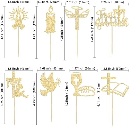 Ephlyn 32Pcs First Holy Communion Cupcake Toppers Glitter Dove Cross God Bless and Baptism Cupcake Picks First Communion Theme Baby Shower Birthday Party Cake Decorations Supplies Gold