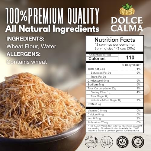 Dolce Calma Premium Roasted Kataifi Dough (400g / 14.1oz) – Kadayif for Dubai Chocolate Bar, Kunafa & Baklava Desserts, Finely Shredded Fillo, Resealable Bag, Phyllo for Pistachio Cream Bakery Knafeh