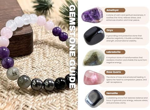 Easter Basket Stuffers Empath Protection Beaded Crystal Bracelet Natural Stone Jewelry Onyx, Amethyst, Labradorite, Rose Quartz White Jade Baptism Birthday Healing Gifts Easter Egg Fillers Essentials