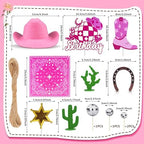 Cowgirl Birthday Cake Topper Cowgirl Hat Scarf Western Rodeo Theme Decoration for Birthday Baby Shower Western Theme Party Favors Supplies (Pink)