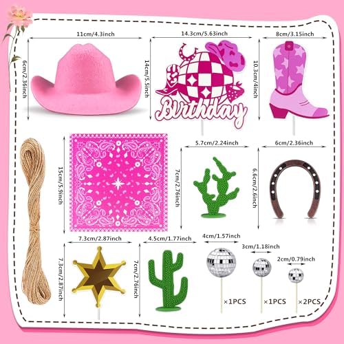 Cowgirl Birthday Cake Topper Cowgirl Hat Scarf Western Rodeo Theme Decoration for Birthday Baby Shower Western Theme Party Favors Supplies (Pink)