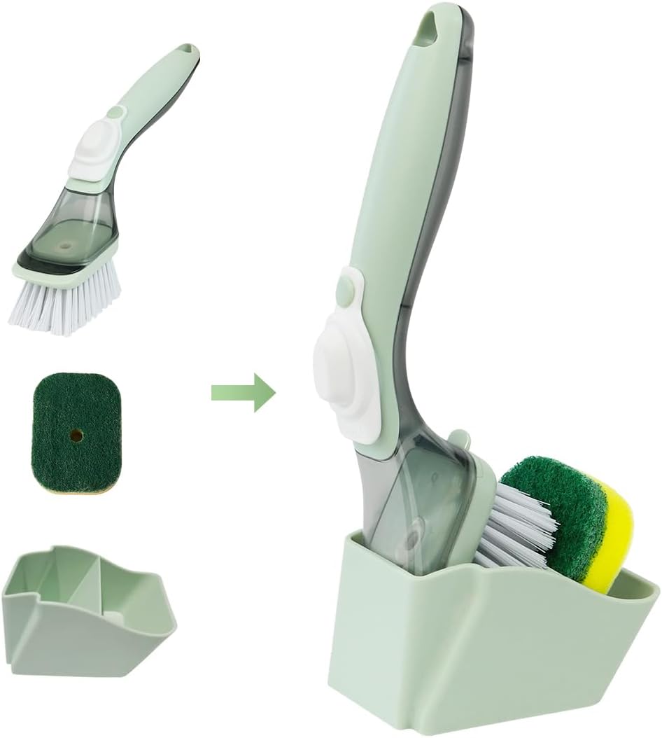 CQT Soap Dispensing Dish Brush Storage Set, Dish Scrubber with Handle, Kitchen Washing Brush for Pot Pan Sink Cleaning, Kitchen Brush with Holder and 1 Replaced Scouring Pad Head