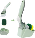 CQT Soap Dispensing Dish Brush Storage Set, Dish Scrubber with Handle, Kitchen Washing Brush for Pot Pan Sink Cleaning, Kitchen Brush with Holder and 1 Replaced Scouring Pad Head