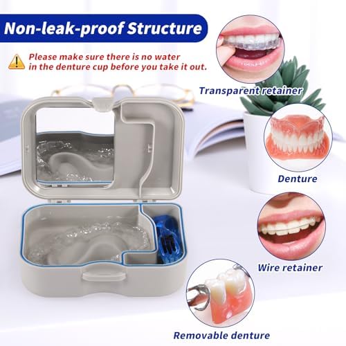 Annhua Partial Denture Case for Soaking, Plastic Denture Cup with Lid, Brush and Mirror, Travel Retainer Cleaner Case Bath Container for Cleaning Full False Teeth, Aligners - Gray