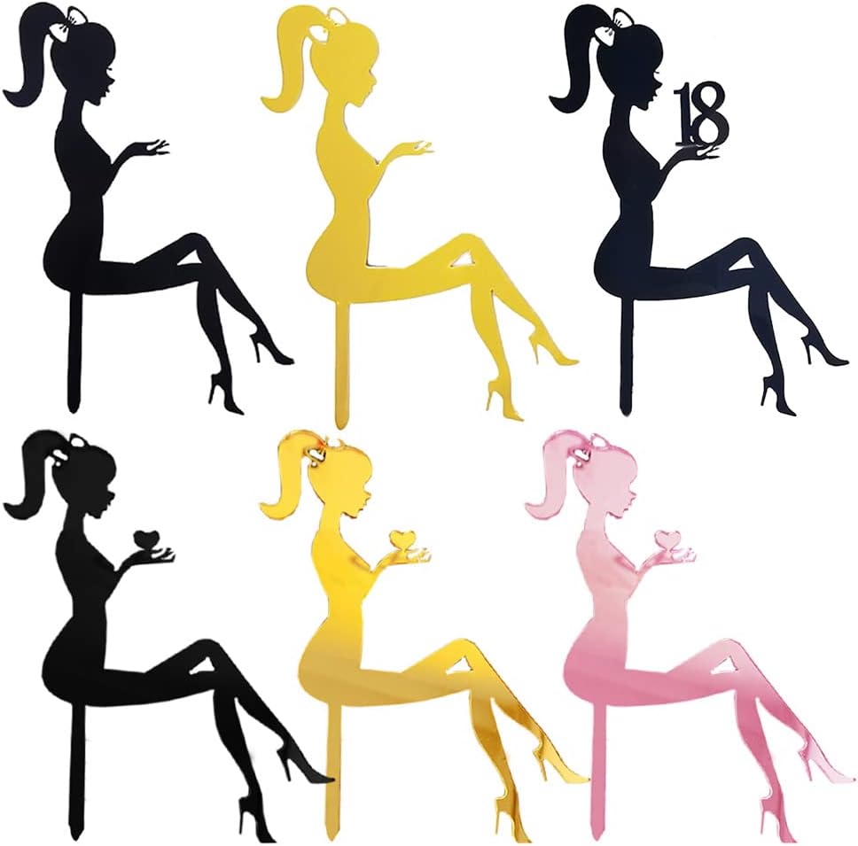 12 PCS High Heel Girl Cake Toppers Sitting Girl Silhouette Acrylic Cupcake Topper Happy Birthday Cake Topper Engagement Cake Toppers Decorations for Various Birthday Party Anniversary
