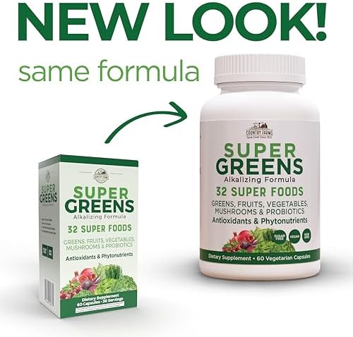 COUNTRY FARMS Super Greens Vegicaps, 32 Super Foods, Whole Food Supplement, Greens, Fruit, Vegetables, Mushrooms & Probiotics, Rich in Antioxidants & Phytonutrients, 120 Count, 60 Servings