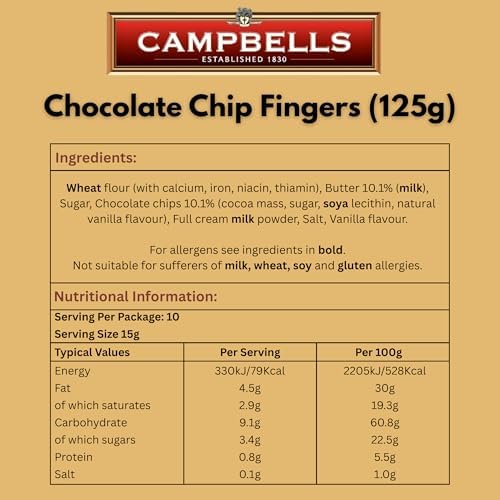 Campbells Shortbread Chocolate Chip Fingers Carton 4.41 Oz (Pack of 3) - Pure Butter Choc Chip Cookies, Traditional Scottish Shortbread Cookies from Scotland, British Tea Biscuits & Scottish Gift Box