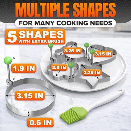 5 Pcs Pancake Molds for Griddle – Stainless Steel Heart Shaped Pancake Mold Set with Ring, Star, Cloud & Mouse Fun Shapes – Fried Egg Molds for Omelets, Cookie Cutting & Creative Breakfast Preparation