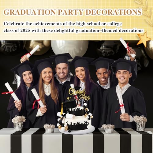 Geelin 68 Pcs Graduation Cake Toppers Class of 2026 Congrats Grad Cake Decorations Graduation Cap Diploma Tassel Hat Topper Balls Acrylic Grad Cupcake Decor Party Supplies(Black and Gold)