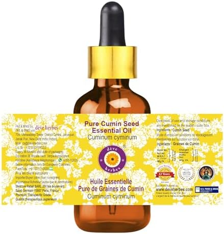 Deve Herbes Pure Cumin Seed Essential Oil (Cuminum cyminum) with Glass Dropper Steam Distilled 50ml (1.69 oz)