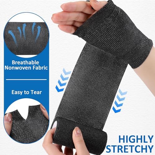 TOBWOLF 12PCS Self Adherent Bandage, 4" x5yd / 10cmx4.5m Cohesive Elastic Bandage Wrap, Breathable Sports Tape for Wrist Ankle Knee Leg Sprains Swelling - Black