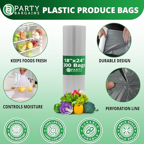 PARTY BARGAINS 18 x 24 Inch Clear Plastic Produce Bags on a Roll, 600 Count – Food-Grade Polyethylene Grocery Bags for Fruits, Vegetables, Bread & Kitchen Storage