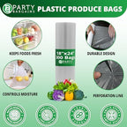 PARTY BARGAINS 18 x 24 Inch Clear Plastic Produce Bags on a Roll, 600 Count – Food-Grade Polyethylene Grocery Bags for Fruits, Vegetables, Bread & Kitchen Storage