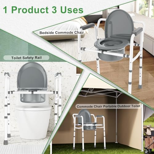 3 in 1 Bedside Commodes Chair for Seniors with Arms, Portable Width 21.5'' Steel Potty Chair for Elderly Adults with 5 Adjustable Height, Supports Up To 350lb, 6QT Bucket, Tool-Free Assembly