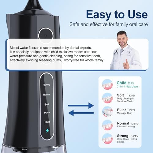 MOCEL Water Dental Flosser OLED Display Cordless Teeth Cleaning MOCEL 5 Modes Oral Irrigator 300ML Portable and USB C Rechargeable IPX7 Waterproof Floss Teeth Pick (Black)