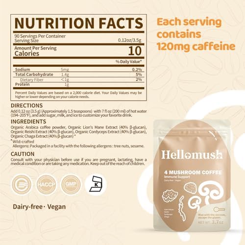 Hellomush Organic Instant Mushroom Coffee with Lions Mane, Reishi, Chaga and Cordyceps Coffee 30 Servings 3.7 oz