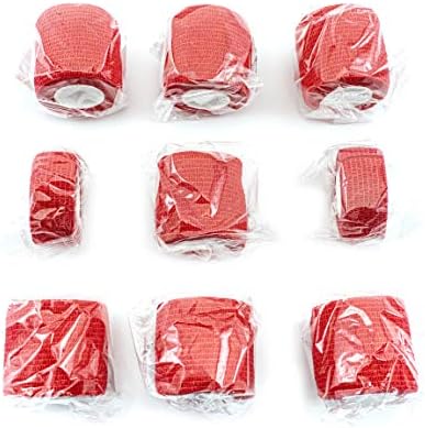 FRESINIDER 9 Rolls Self Adhesive Wrap Athletic Tape Gauze, Breathable Elastic Cohesive Bandage for Sports Injury & Pet (7 Pcs 2" x 5 Yards + 2 Pcs 1" X 5 Yards) (Red)
