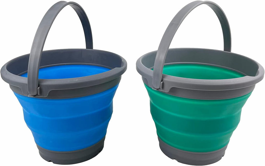 SAMMART 5.5L (1.4 Gallon) Set of 2 Collapsible Plastic Bucket - Foldable Round Tub - Portable Fishing Water Pail - Space Saving Outdoor Waterpot. (Bluish-Green + Blue)