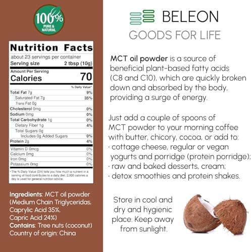 MCT Oil Powder 8 oz - Prebiotic Nutritional Supplements for Coffee Creamer, Quickly Fuel for Body and Brain