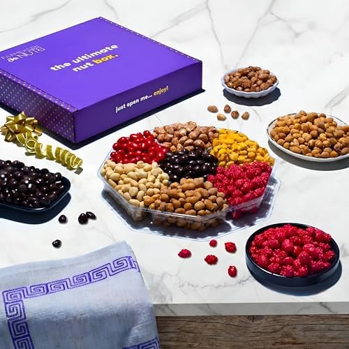 Nut And Chocolate Gift Basket - Gourmet Chocolate & Nuts Gift Basket - Thank You - Holiday Box - Get Well - Birthday Family Parties & Movie Night or as a Corporate Tray - 7 Sections