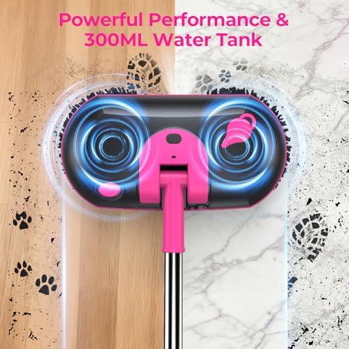Cordless Electric Spin Mop with Water Sprayer, 300ml Tank Self-Propelled Floor Cleaner for Hardwood & Tile, Quiet Cleaning, Adjustable Handle, 2500mAh Long-Lasting Battery, Pink