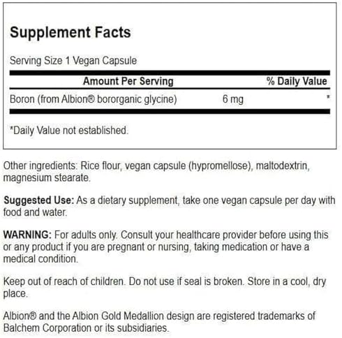 Swanson Boron from Albion - Boroganic Glycine Supplement Supporting Joint Health & Bone Health - High Absorption Formula May Support Overall Balance - (60 Capsules, 6mg Each)