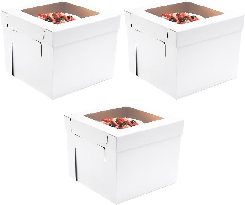 JJO Tall Cake Boxes for Tier Cakes, 14x14x12 Inches 3 Pack,Whie Cake Boxes with Window,Disposable Cake Containers, Sturdy Wedding Tall Cake Carrier