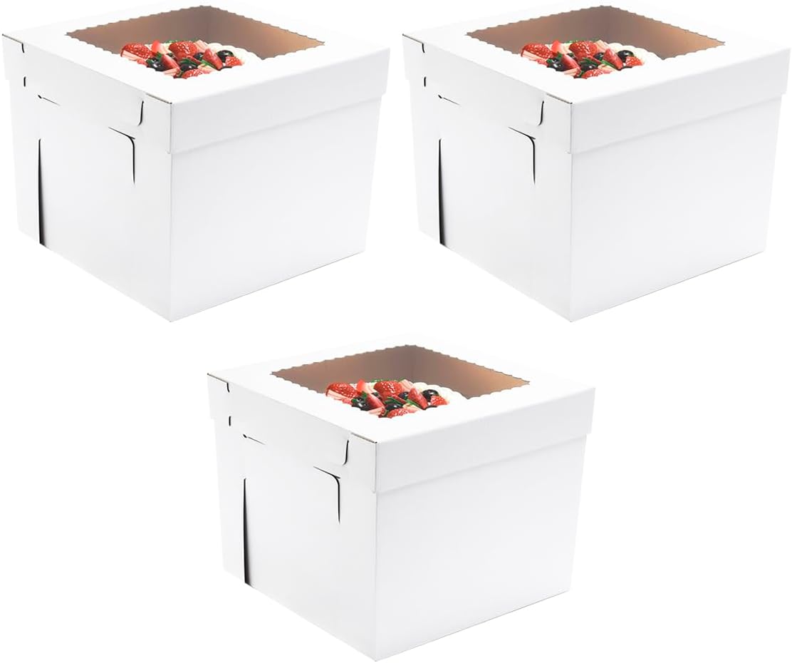 JJO Tall Cake Boxes for Tier Cakes, 14x14x12 Inches 3 Pack,Whie Cake Boxes with Window,Disposable Cake Containers, Sturdy Wedding Tall Cake Carrier