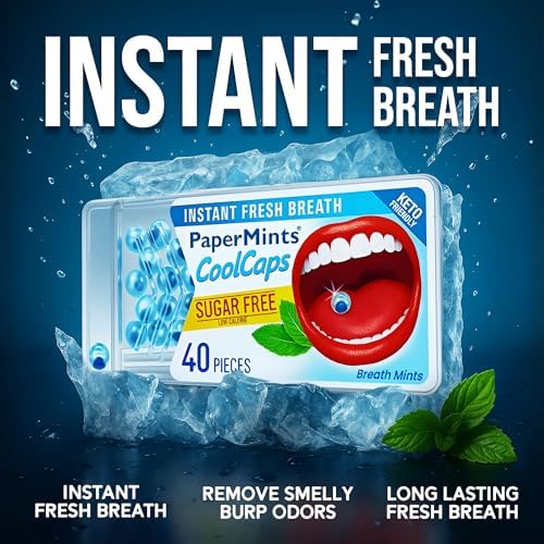 PaperMints CoolCaps Peppermint Breath Mints - Dual Action Liquid Capsules - Instant Fresh Breath Freshener, Fast-Disolves, Sugar-Free Mint Capsules 4 Pack of 40 pieces - 160 Total.