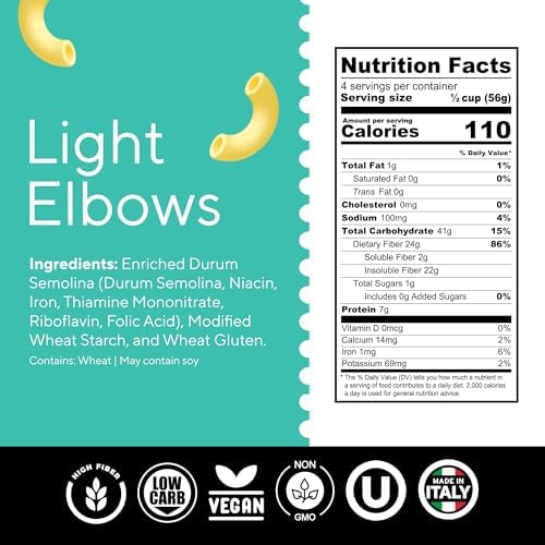 Fiber Gourmet Low Net Carb Pasta Elbow Macaroni - Keto Friendly, High Fiber, Low Calorie Italian Made Noodles - Vegan, Non-GMO, Kosher - 48% Fewer Calories Than Regular - 1 Pack