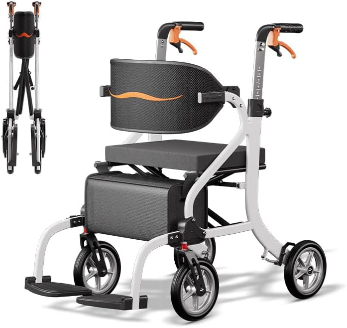 2-in-1 Transport Wheelchair & Mobility Device Combo, Pre-Assembled 17 lbs Lightweight Foldable Travel Chair with Seat for Seniors, 8" All Terrain Wheels, Support 330 lbs