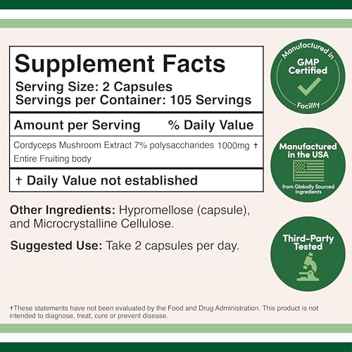 Cordyceps Capsules (Cordyceps Sinensis Mushroom Extract) 210 Count, 3.5 Month Supply, 1,000MG (7% Polysaccharides with Alpha and Beta Glucans) Overall and Aging Support by Double Wood