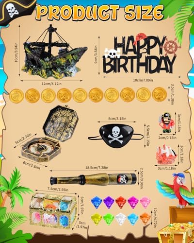 28 Pieces Pirate Ship Cake Topper Pirate Birthday Party Decorations Pirate Party Favors Gold Coins Pirate Gems Treasure Chest Compass Telescope for Pirate Theme Party Supplies