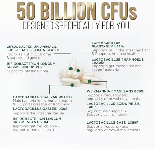 Probiotics 50 Billion CFU per Serving - 10 Strains + Prebiotics - Digestive Health, Gut & Immune Support - Occasional Constipation, Gas & Bloating Support for Women & Men, Bottled USA - 120 Capsules