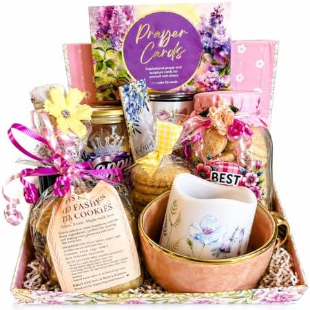 Luxury Gift Basket - Cookie Jar, Wine, Mother's Day Mug, Candle, Shortbread Cookies, Tea Cakes, Chocolate Bar & Prayer Card