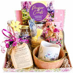 Luxury Gift Basket - Cookie Jar, Wine, Mother's Day Mug, Candle, Shortbread Cookies, Tea Cakes, Chocolate Bar & Prayer Card