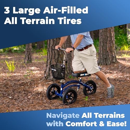 KneeRover Original Steerable All Terrain Knee Scooter – Heavy Duty Foldable Knee Walker & Mobility Aid for Adults with Adjustable Handlebar and Large Wheels (Blue)
