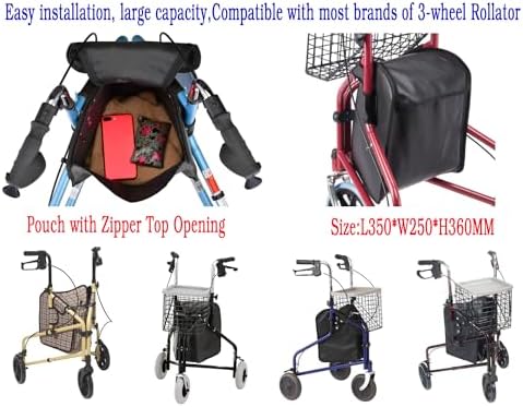 3 Wheel rollator Storage Bag,Bag for 3 Wheel Walker,Pouch Bag for 3 Wheeled Rollator Walker, 3-Wheel Walker Bag,Tote Bag with Snaps,3 Wheel rollator Universal Replacement Part.(1Ea,Black)