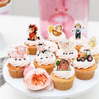 45Pcs Edible Farm Theme Cupcake Toppers Wafer Paper Animal Cartoon Tractor Barnyard Cupcake Toppers Drink Topper Dessert Muffin Cake Picks Cake Decoration for Baby Shower or Birthday Party Decoration