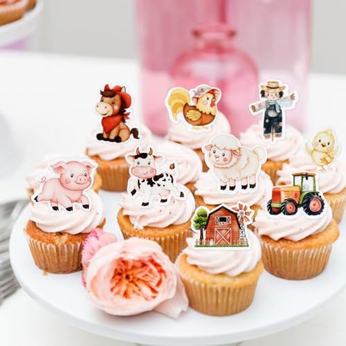 45Pcs Edible Farm Theme Cupcake Toppers Wafer Paper Animal Cartoon Tractor Barnyard Cupcake Toppers Drink Topper Dessert Muffin Cake Picks Cake Decoration for Baby Shower or Birthday Party Decoration