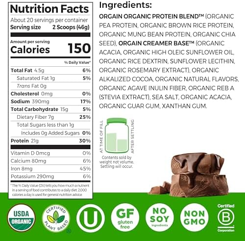 Orgain Organic Vegan Protein Powder, Creamy Chocolate Fudge - 21g Plant Protein, 6g Prebiotic Fiber, Low Net Carb, No Lactose Ingredients, No Added Sugar, Non-GMO, For Shakes & Smoothies, 2.03 lb
