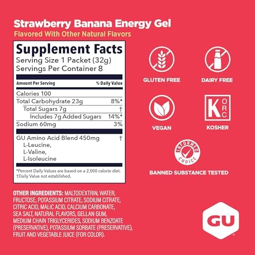 GU Energy Original Sports Nutrition Energy Gel, Vegan and Dairy-Free On-the-Go Energy for Any Workout, Strawberry Banana, 8-Count