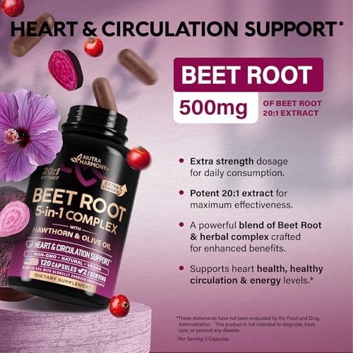 Beet Root 5-in-1 Complex Capsules - Healthy Blood Pressure Support Supplement** for Heart & Circulation Support - Olive Leaf, Hawthorn Berry & Hibiscus - for Men & Women - Made in USA, 120 Capsules