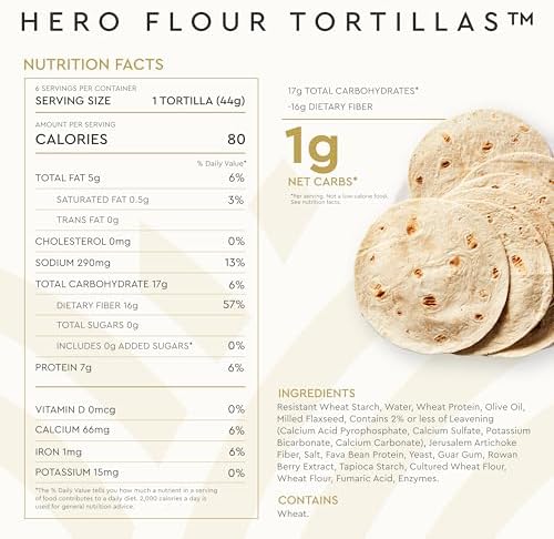 Hero Flour Tortilla - Delicious Tortilla Wraps | Soft Net Low Carb Tortillas | High Fiber, 1g Net Carbs & 80 Calories Per Serving (24 Tortillas, 4 Packs of 6)