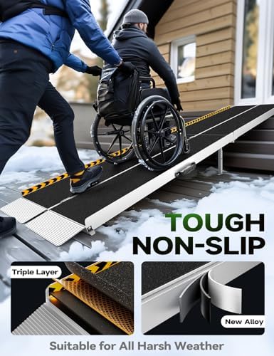 12 Feet Wheelchair Ramp, Non-Slip Aluminum Folded Handicap Ramp with Support Legs, Safer Detachable Door Threshold Wheelchair Ramps for Home Steps, Commercial Wheel Chair Ramp for Doorways