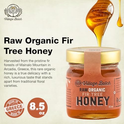 Village Batch Raw Organic Fir Tree Honey 8.5oz Jar (Pack of 1) Unfiltered and Unpasteurized Greek-Honey from Mainalo Mountain, Smooth Texture with Vanilla and Conifer Notes