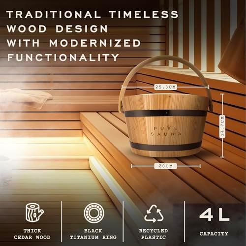 Pure Sauna Unique Wooden Sauna Water Bucket and Ladle Set - Improved Ergonomic Handle - Cedar Wood Sauna Water Bucket, Titanium & Recycled Plastic with 4L Capacity - Premium Sauna Accessories