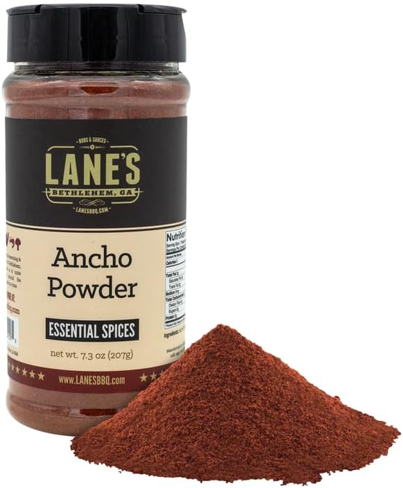 Lane's Ancho Chile Powder, 7.3 oz - All Natural Ground Ancho Chili Powder, Sweet & Smoky Flavor, Medium Heat, Made from Dried Poblano Peppers, Ideal for Mexican Dishes, Gluten Free Spice, Made in USA